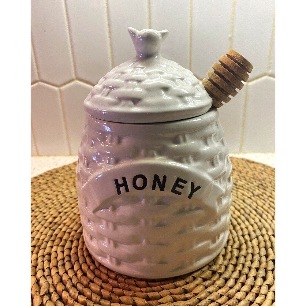 Market Finds White Ceramic Honey Pot w/ Lid & Dipper, 7.5 oz Farmhouse